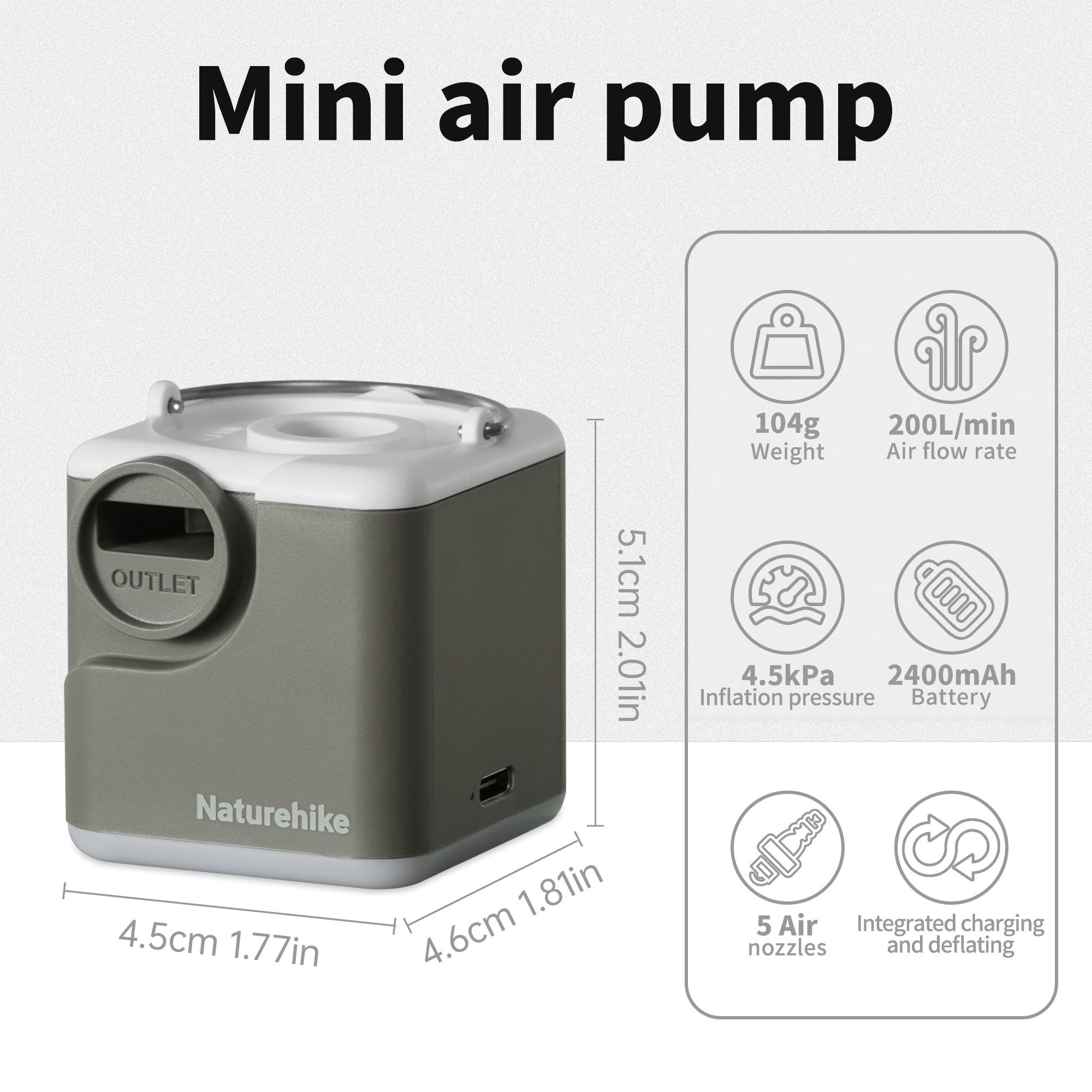Naturehike Wind-air pompe à air rechargeable 200 L/min LED