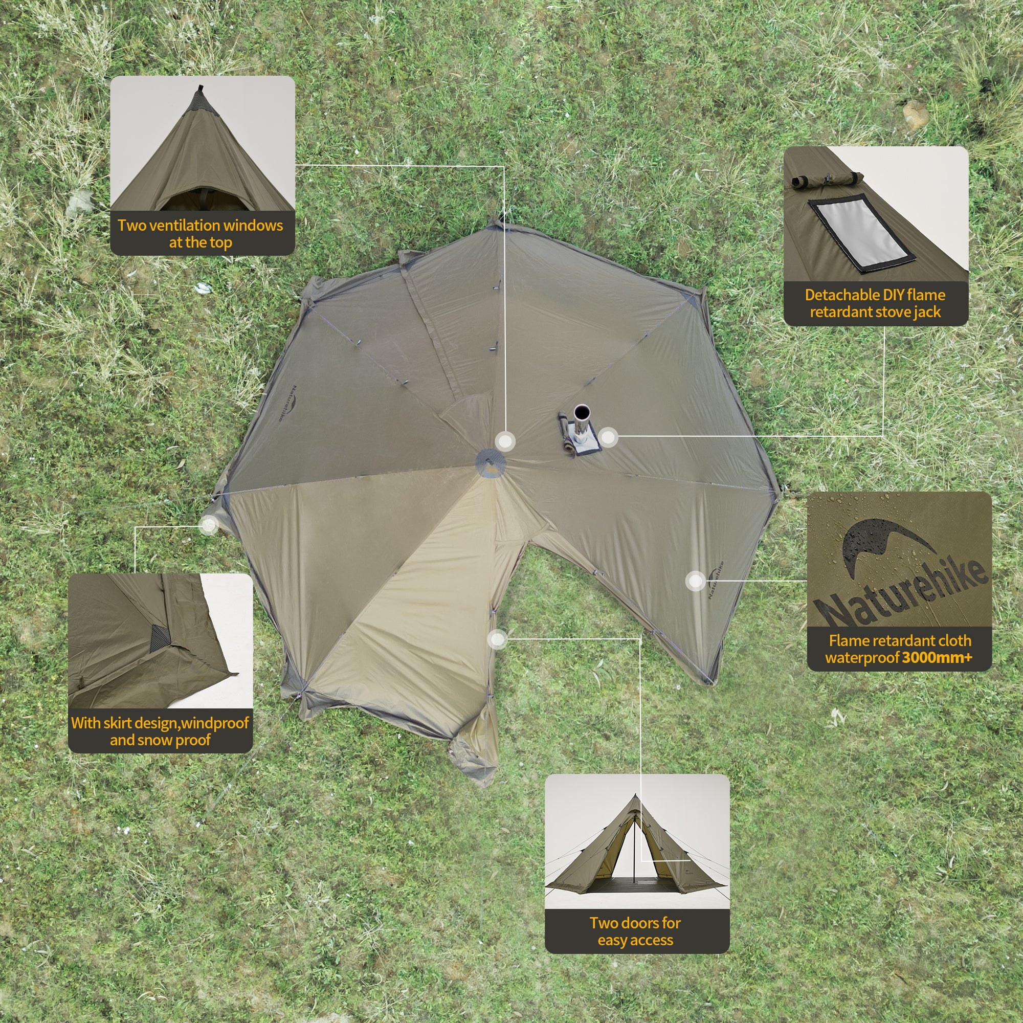 Naturehike Ranch Fire tente tipi 6 personnes chauffante