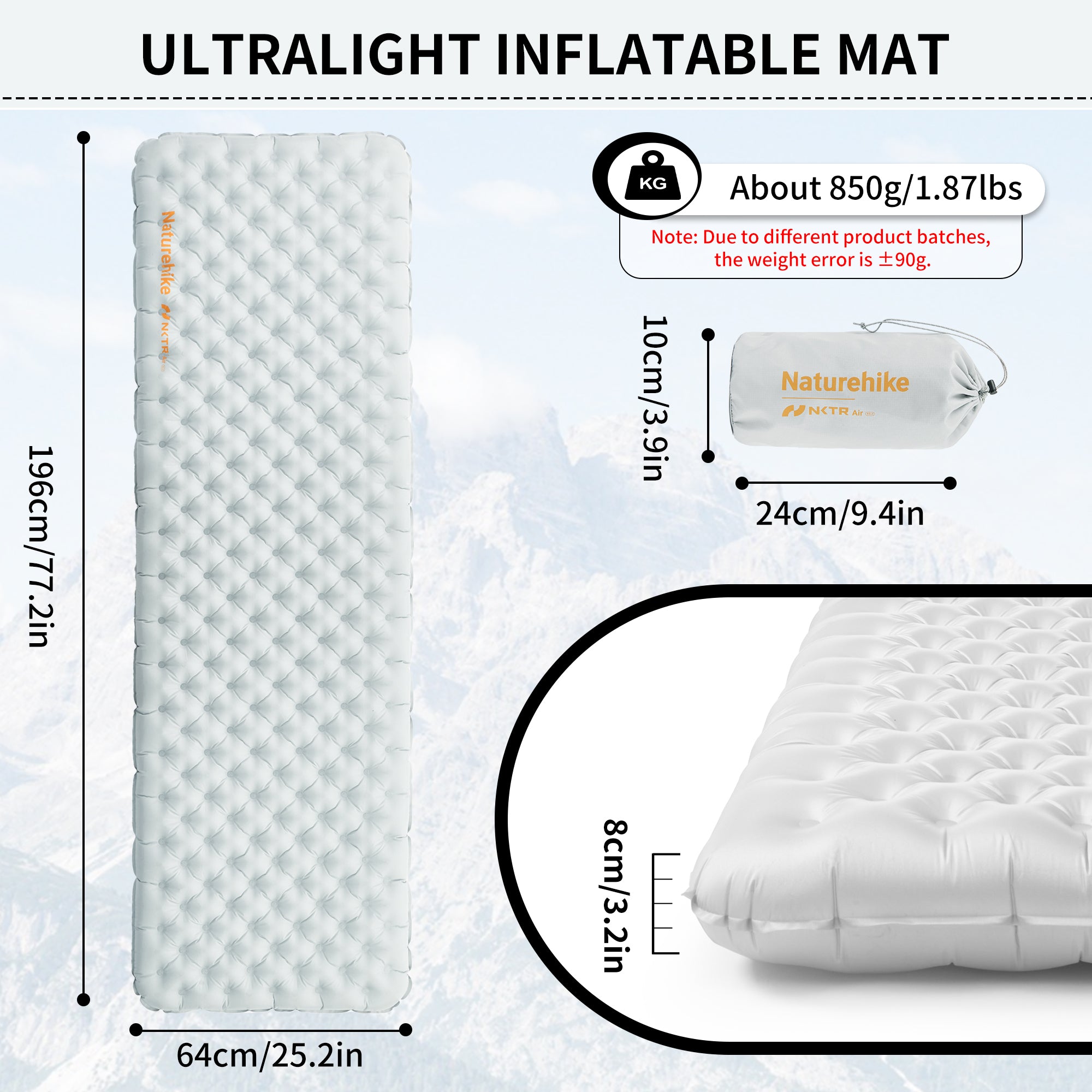 Naturehike TuYe R3.2 matelas gonflable ultraléger gris 186cm