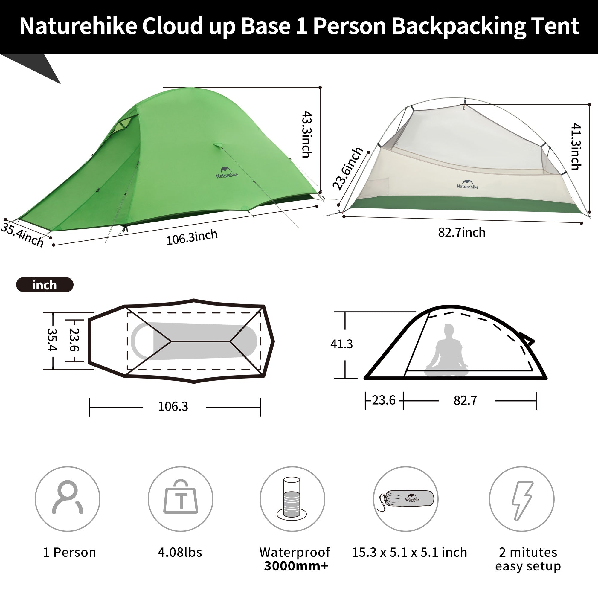Naturehike Cloud Up Base tente rando 1 personne verte