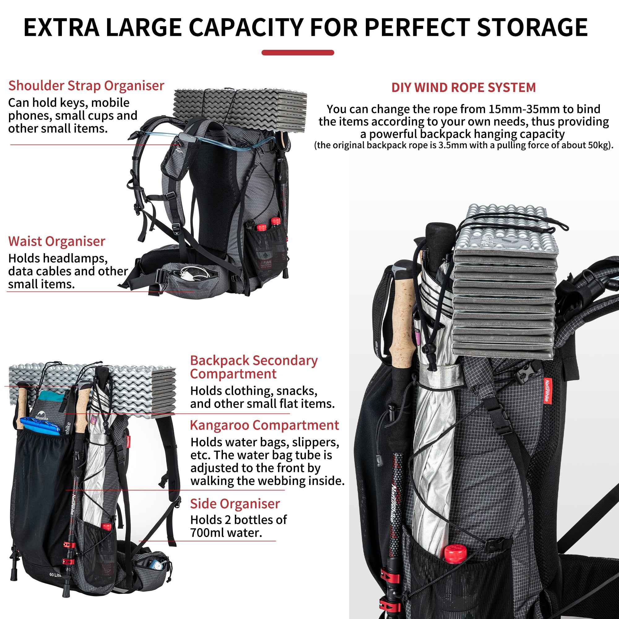 Naturehike Rock 60+5L sac à dos randonnée 65 L trek