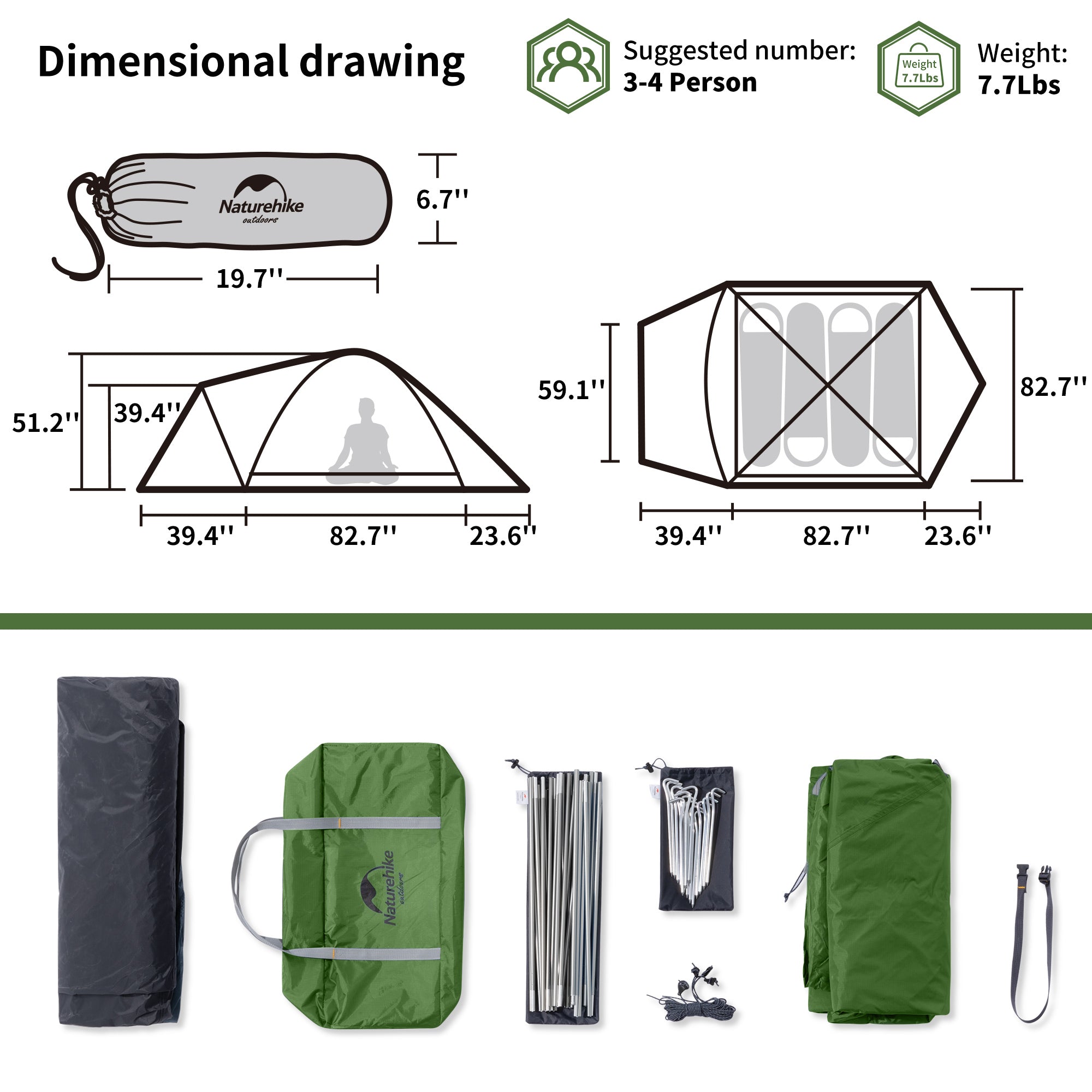 Naturehike P-PLUS tente 3 personnes vert vestibule