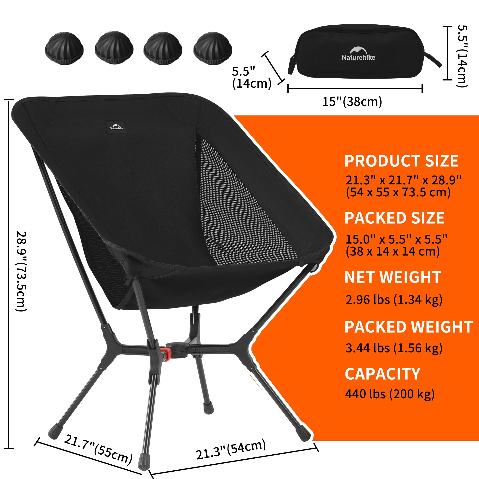 Naturehike PeakLite chaise camping M Noir aluminium 200 kg