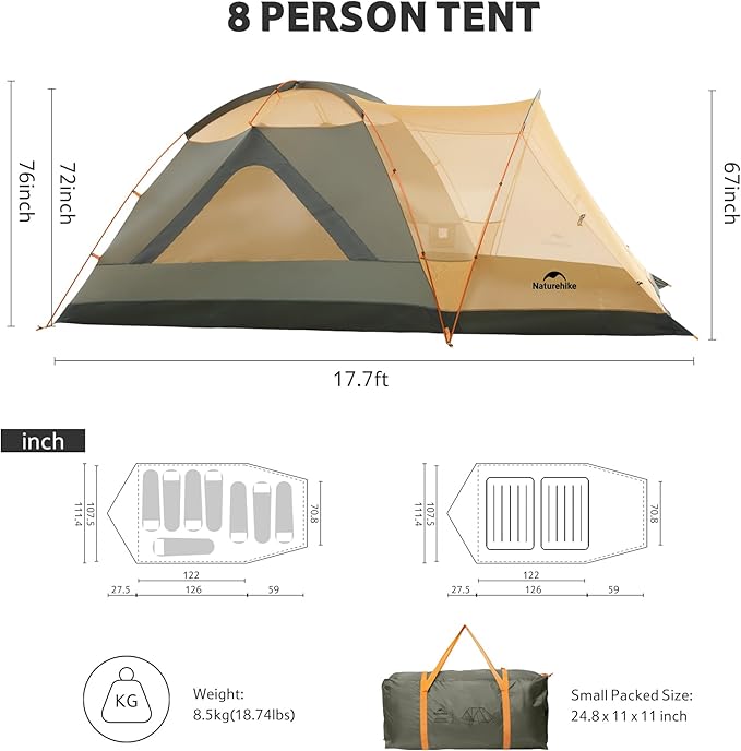 Naturehike KOTA Tente Camping 8 Places PU3000 8 Personnes