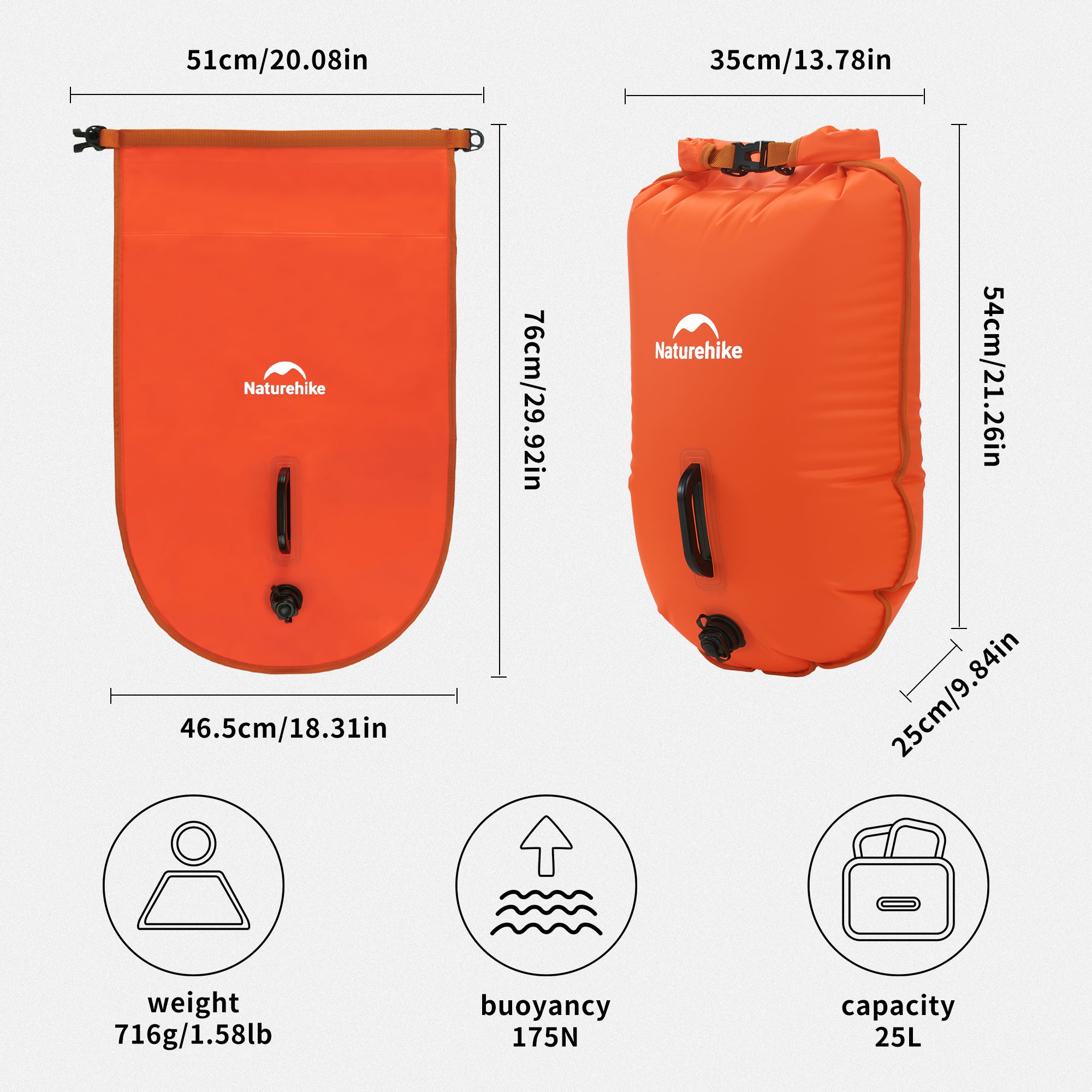 Naturehike Sac étanche sécurité 25L orange IPX6