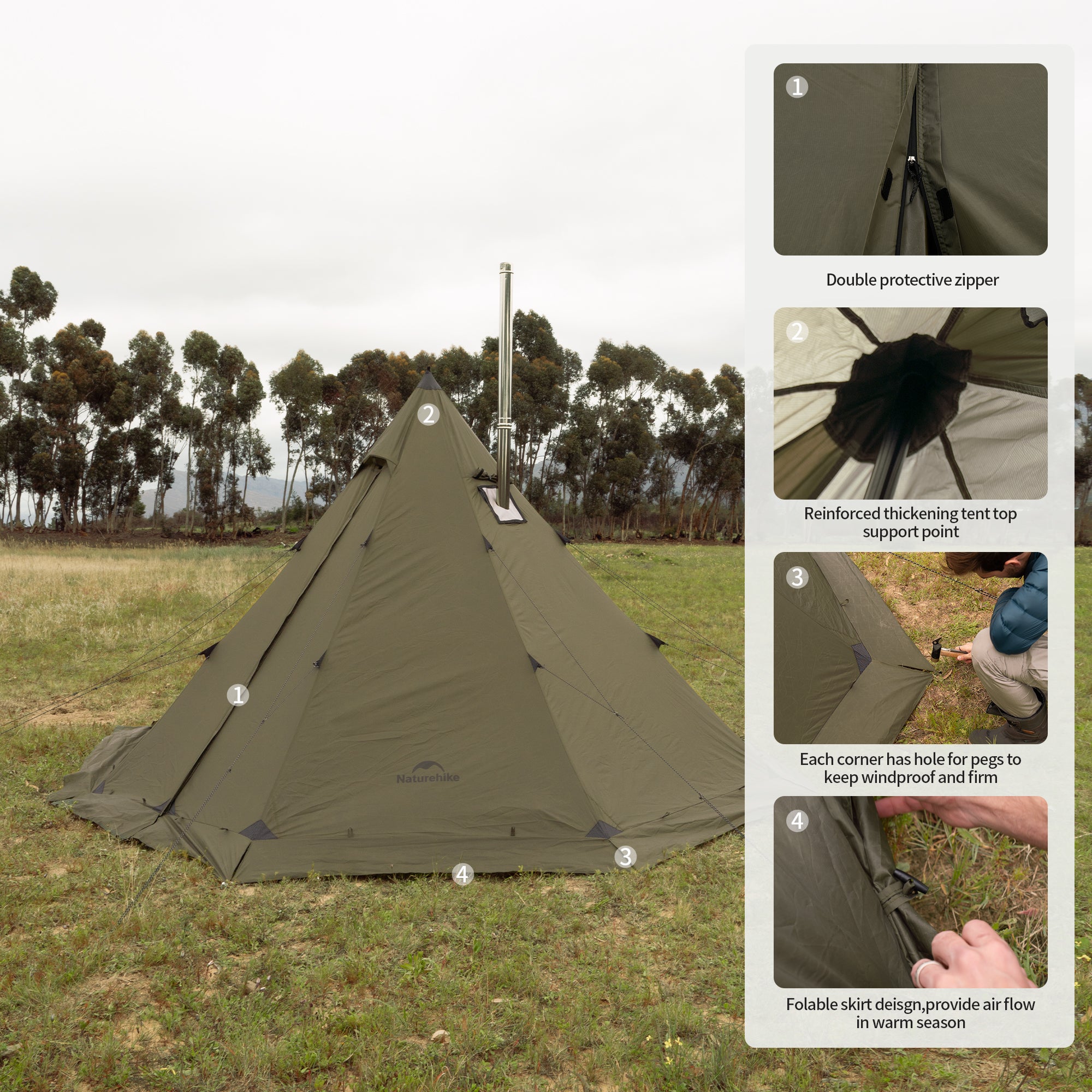 Naturehike Ranch Fire tente tipi 6 personnes chauffante