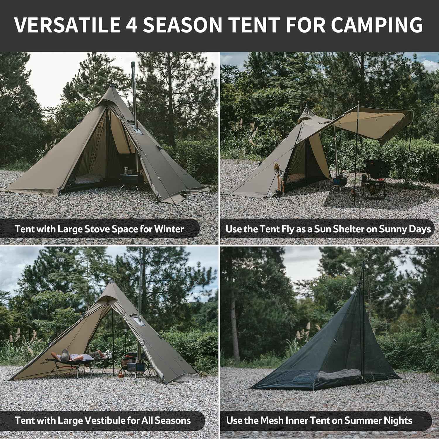 Naturehike Ranch Fire tente tipi 4 personnes vert poêle