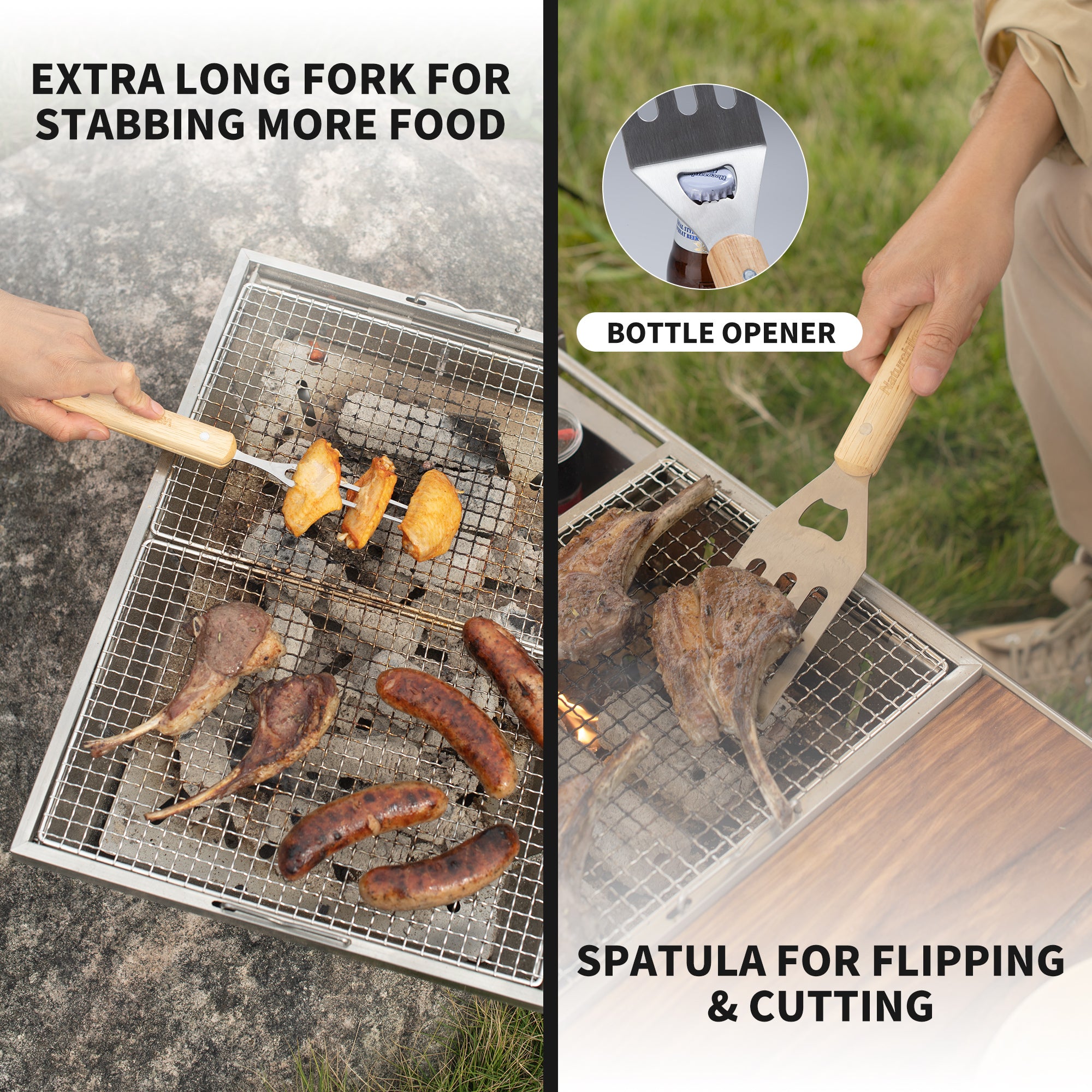 Naturehike kit barbecue 4 pièces inox manche olivier 39 cm