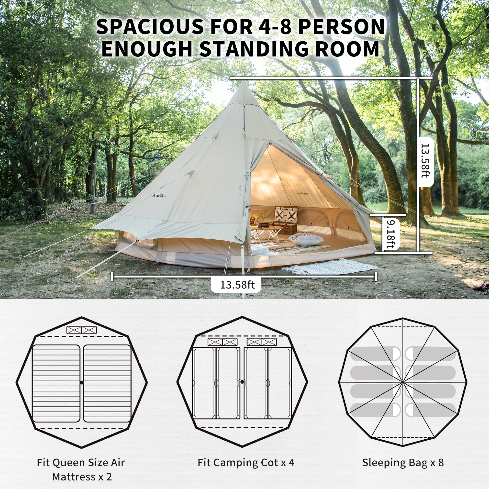 Naturehike Brighten 12.3 tente glamping 4 personnes beige