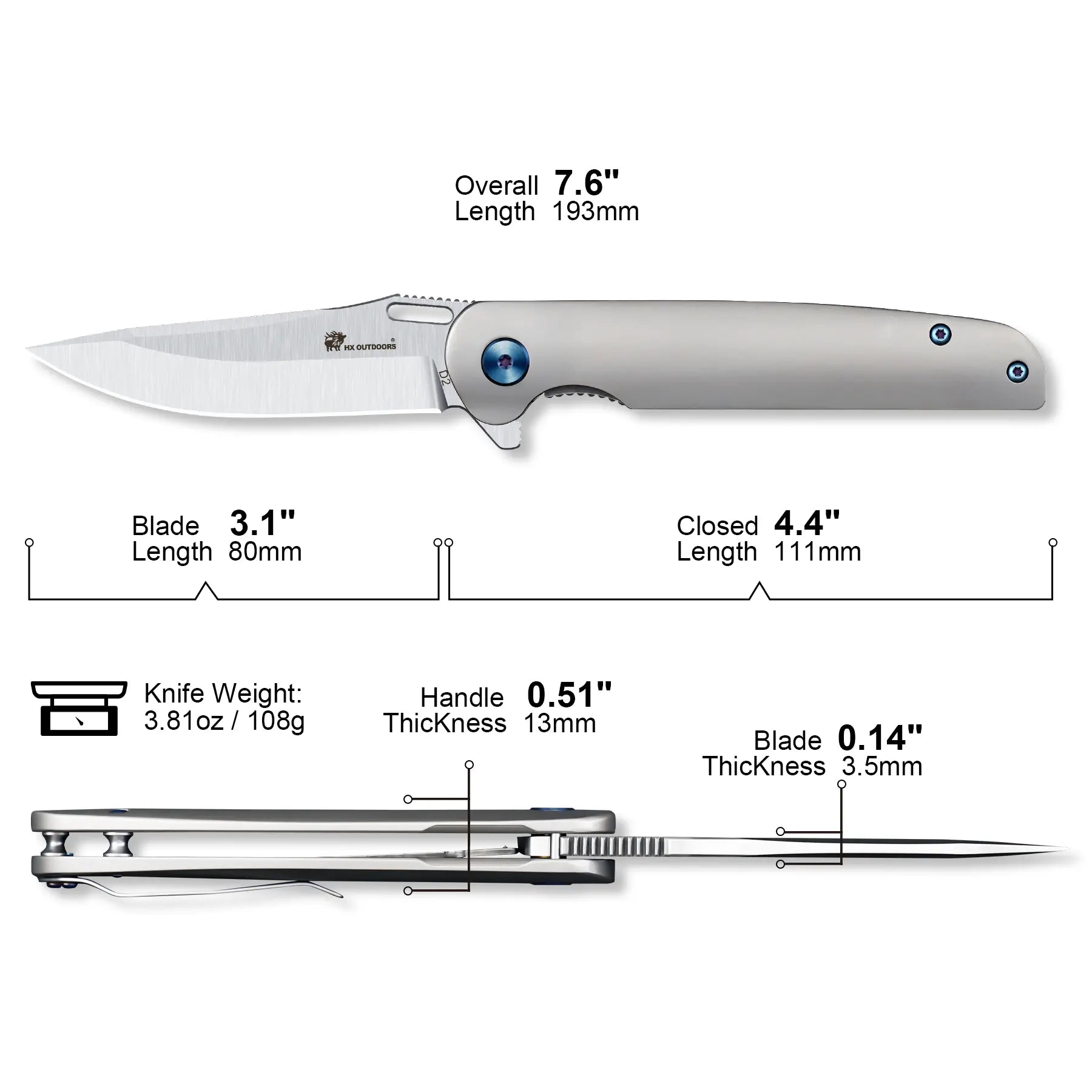 HX Vulcan ZD-117S couteau pliant titane lame D2 80 mm