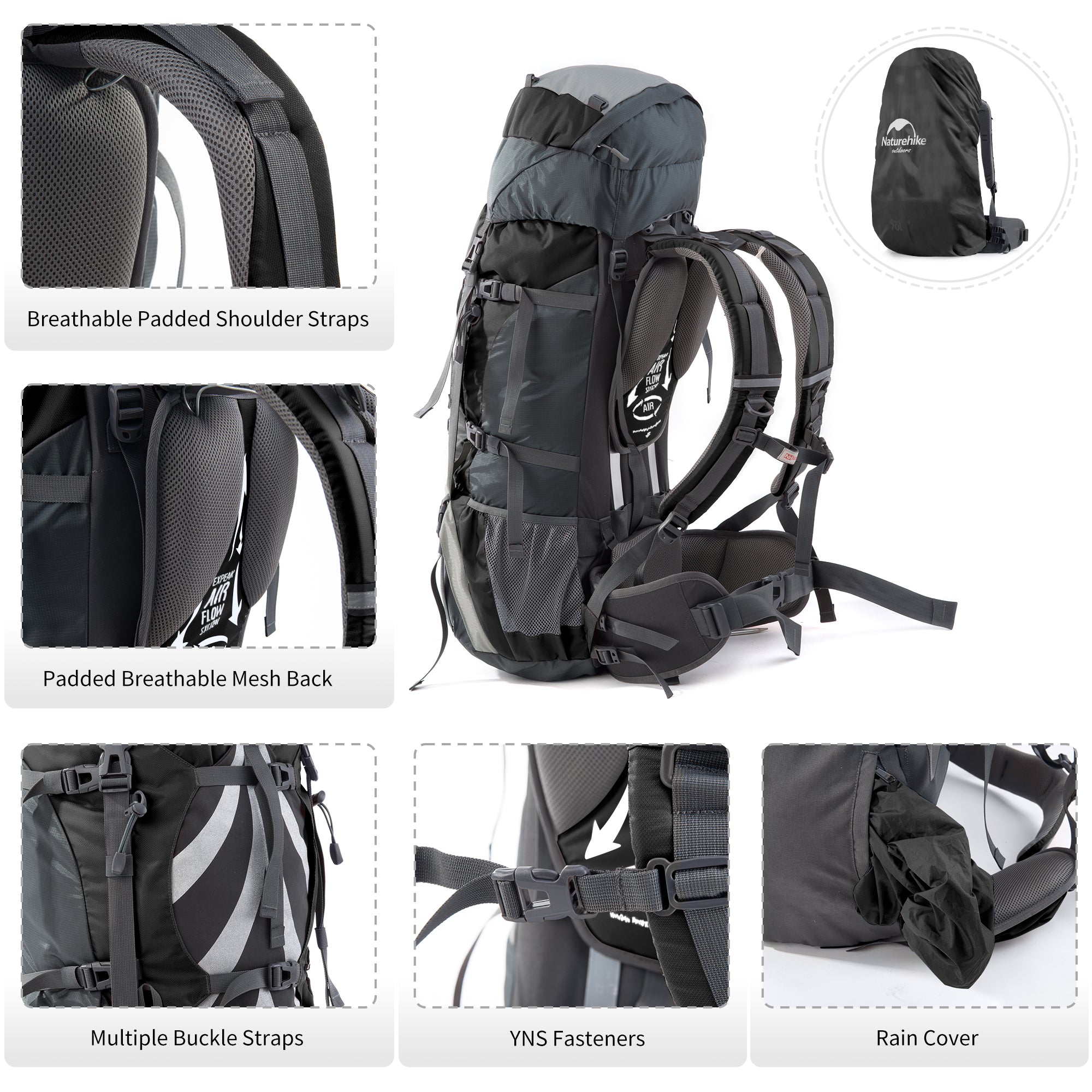 Naturehike 70+5L Sac à Dos Randonnée Gris 75L Housse Pluie