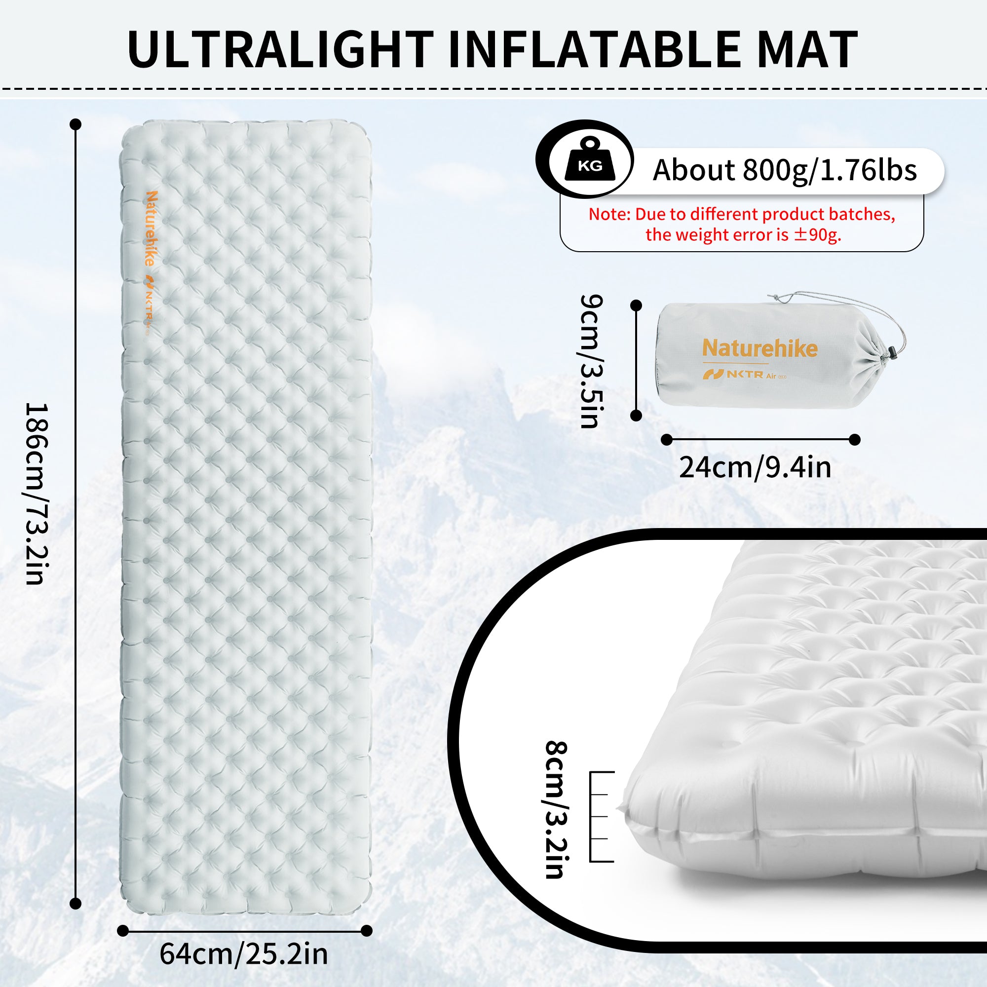 Naturehike TuYe R3.2 matelas gonflable ultraléger gris 186cm