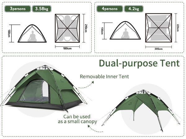 Naturehike AutoPop Tente Camping 4 Personnes 205x225cm 2000mm