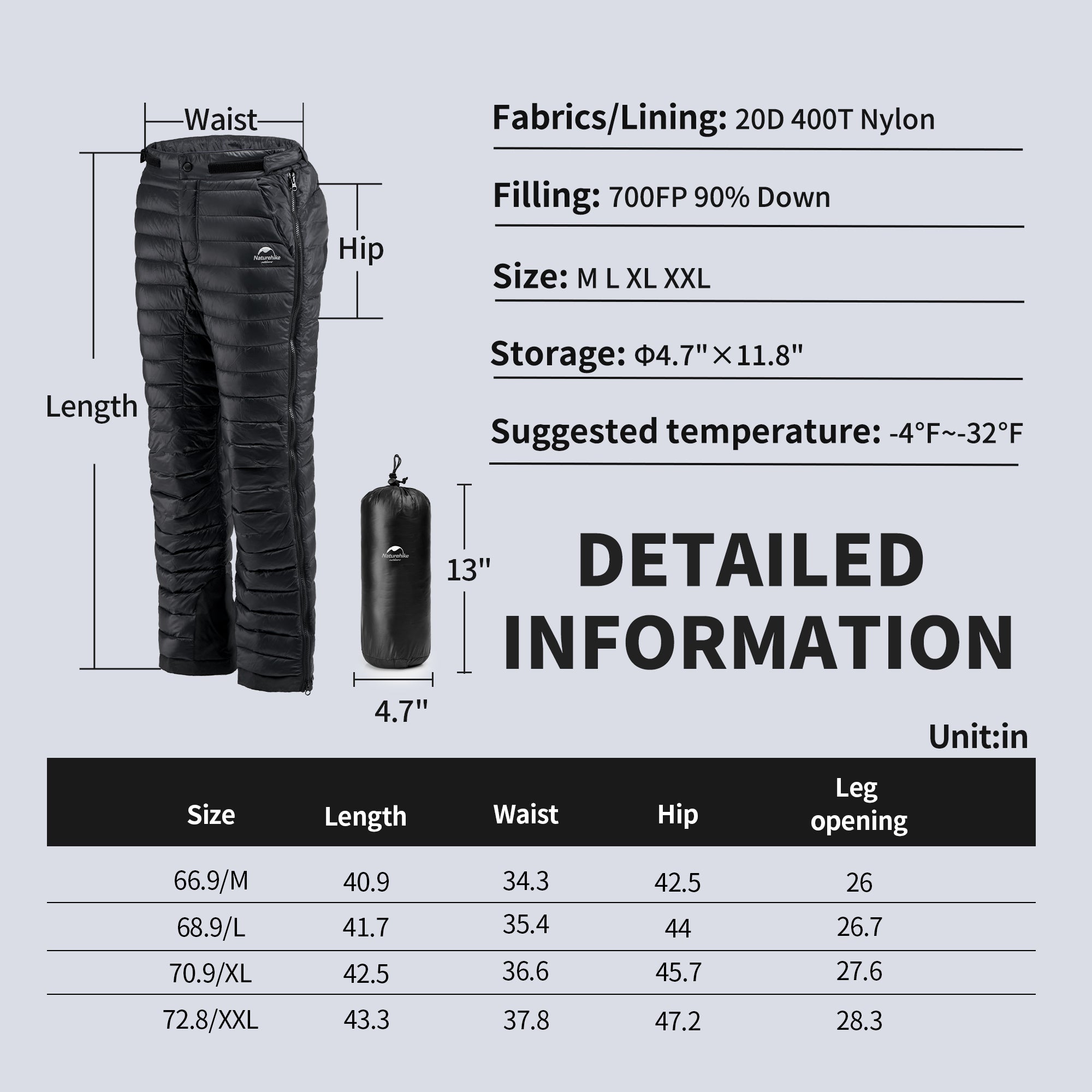 Naturehike Yushang Pantalon Duvet Canard Zip Taille M