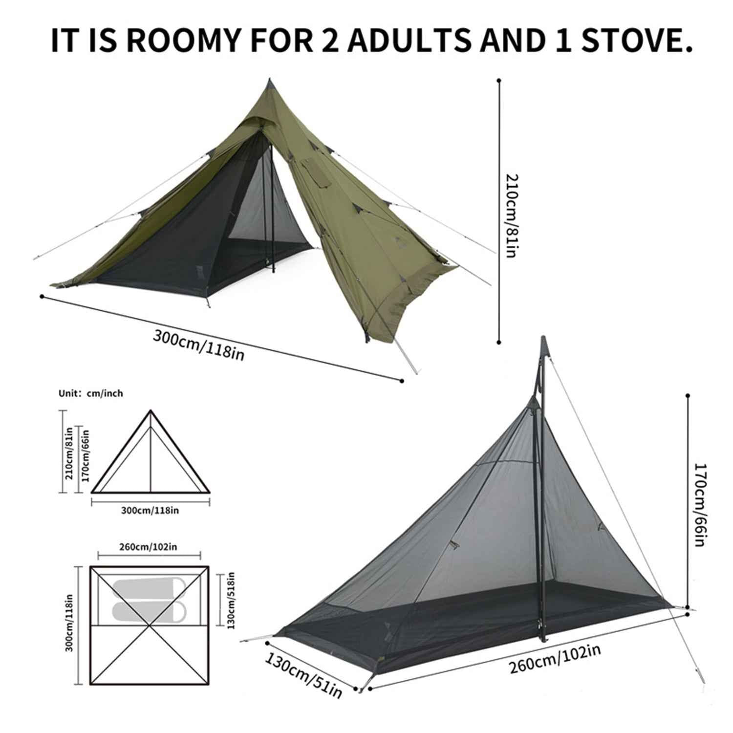 Naturehike Ranch Fire tente tipi 4 personnes vert poêle
