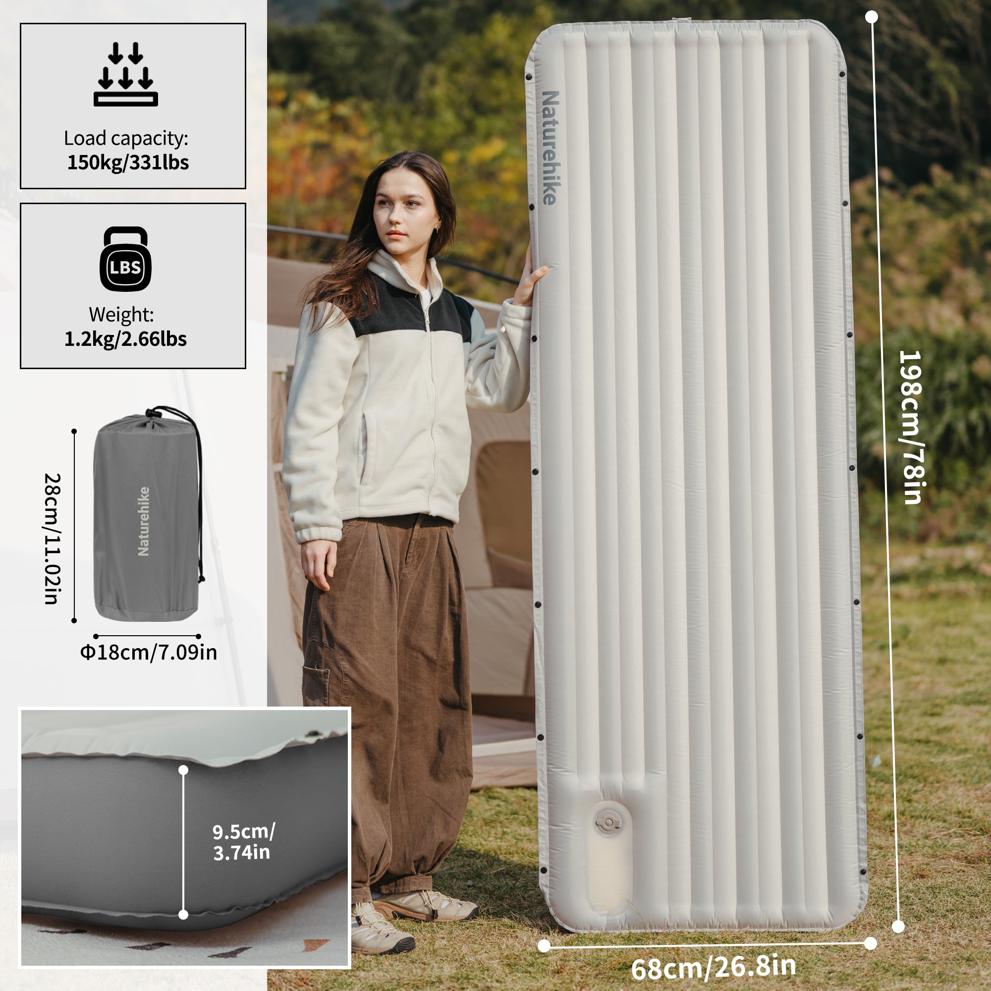 Naturehike Libamboo Matelas gonflable gris pompe à pied
