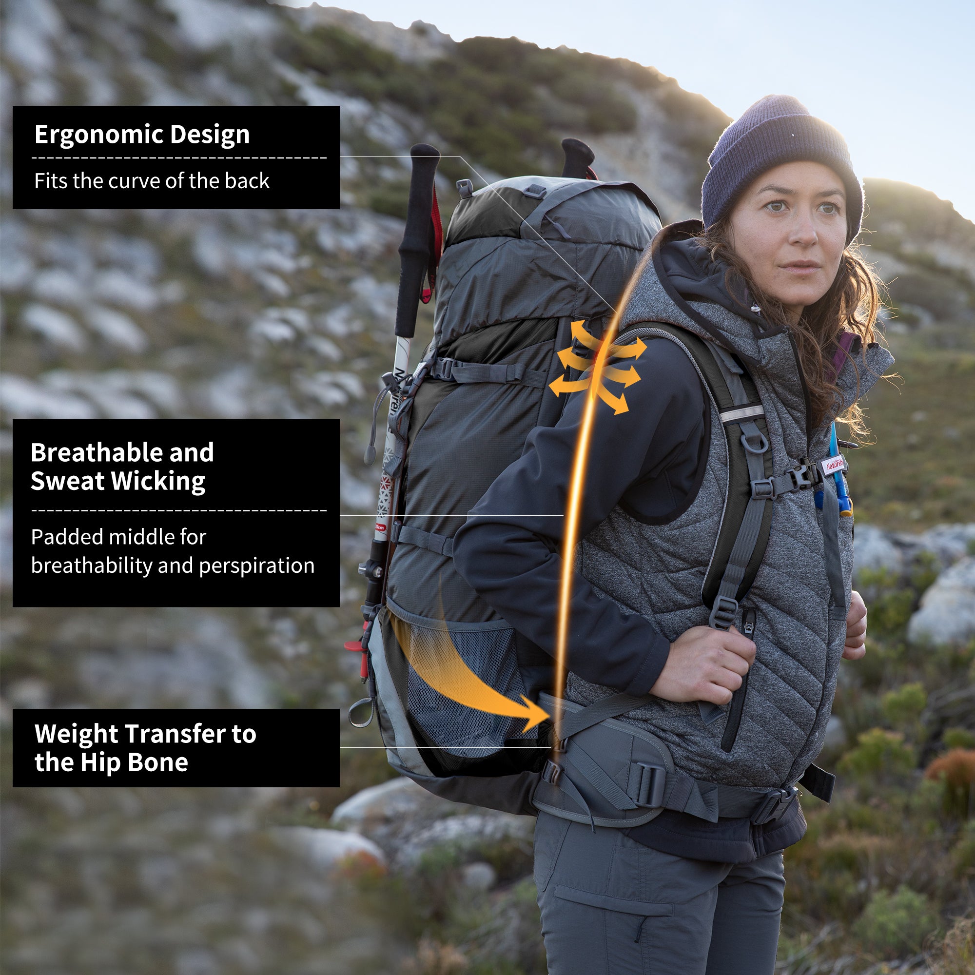 Naturehike 70+5L Sac à Dos Randonnée Gris 75L Housse Pluie
