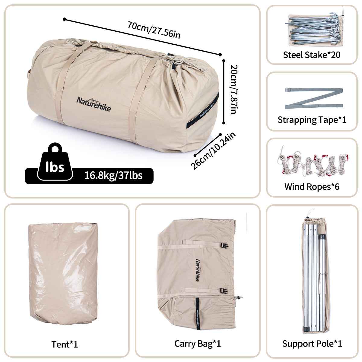 Naturehike Brighten 6.4 tente glamping 2 personnes sable doré coton