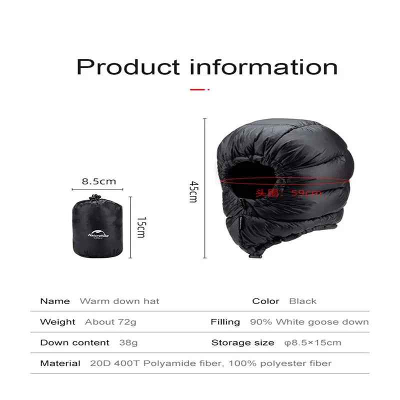 Naturehike chapeau duvet oie bonnet hiver noir 72g 750+
