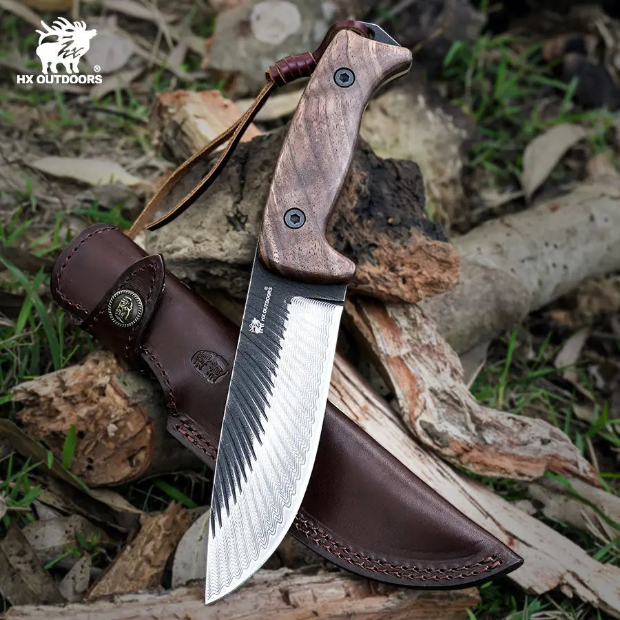HX Junglord D-340 Couteau Fixe Noyer 142mm 366g Étui Cuir