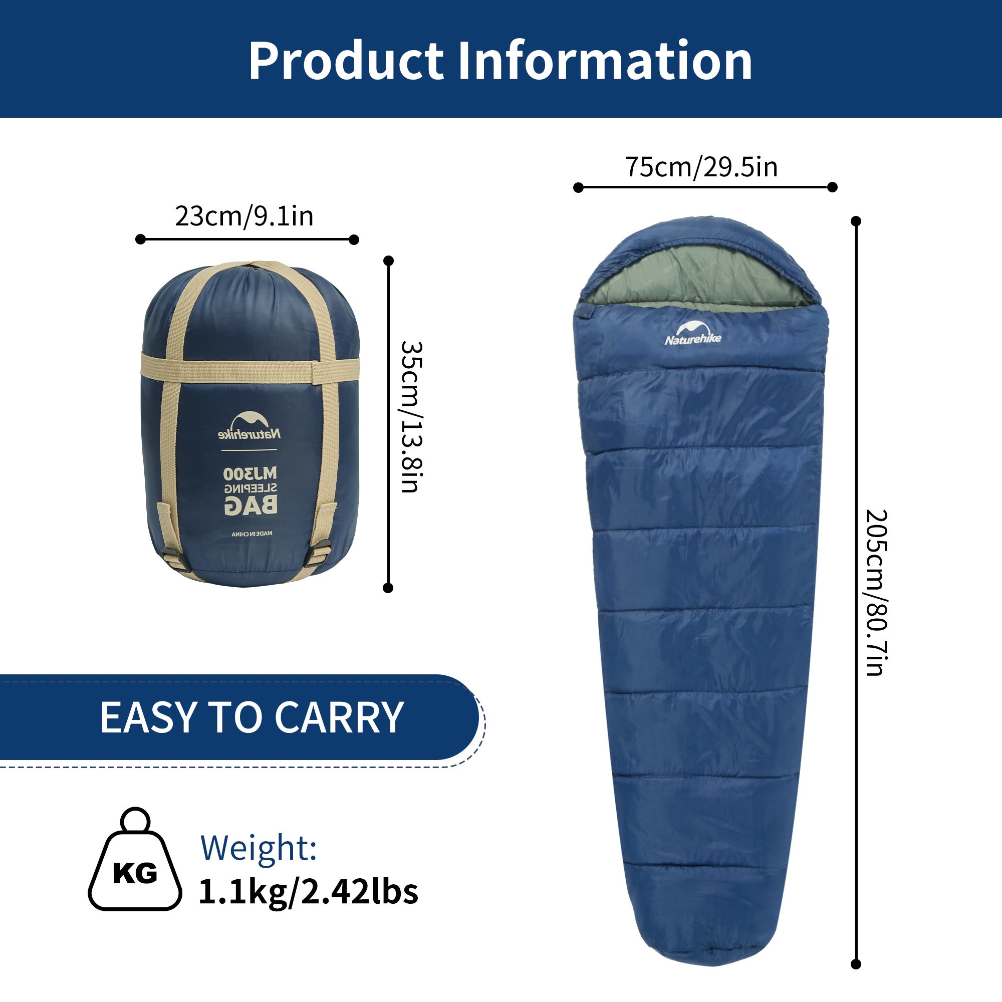 Naturehike Mujin MJ300 Sac Couchage Momie 4°C Bleu