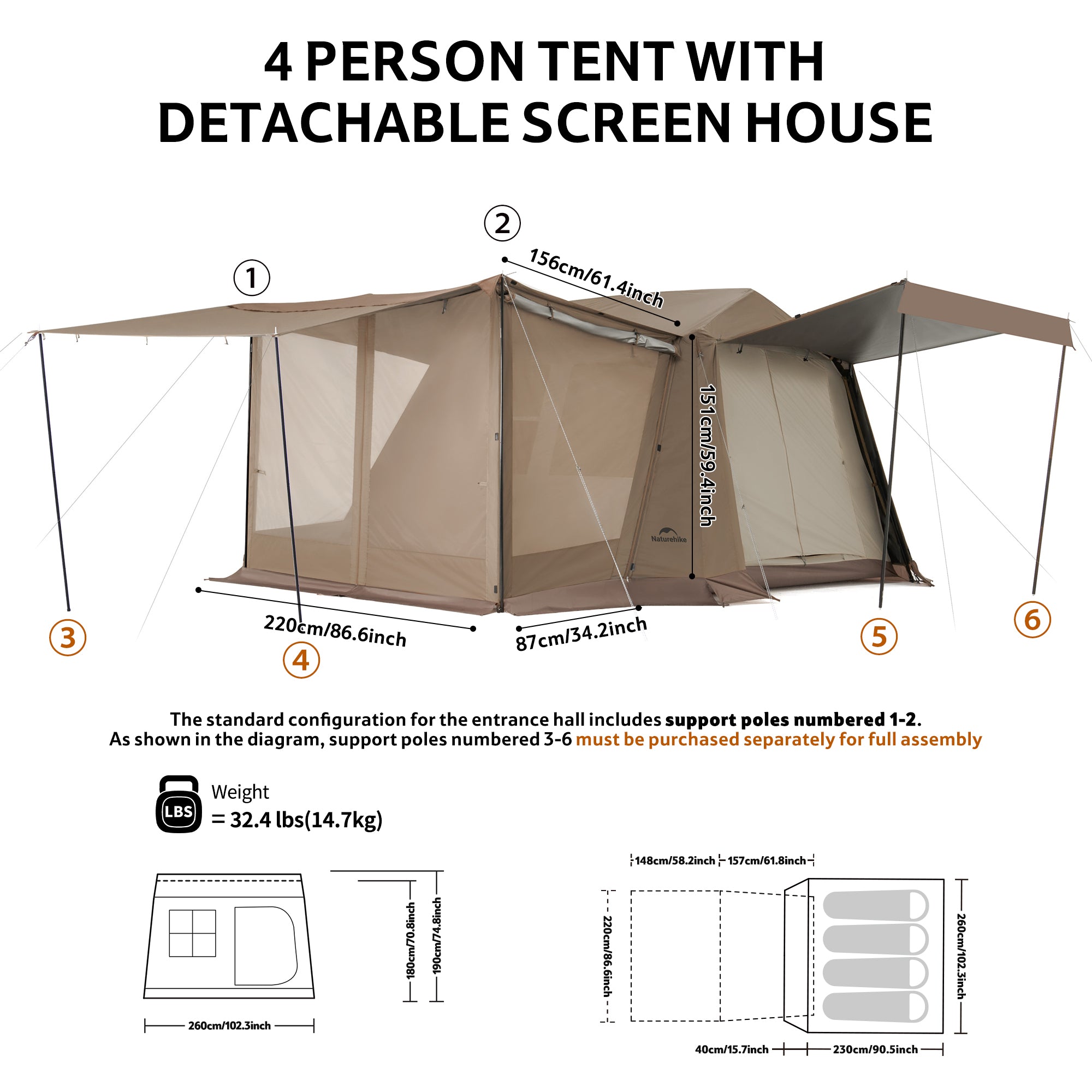 Naturehike Village 6.0 Pro tente cabine 4 places marron