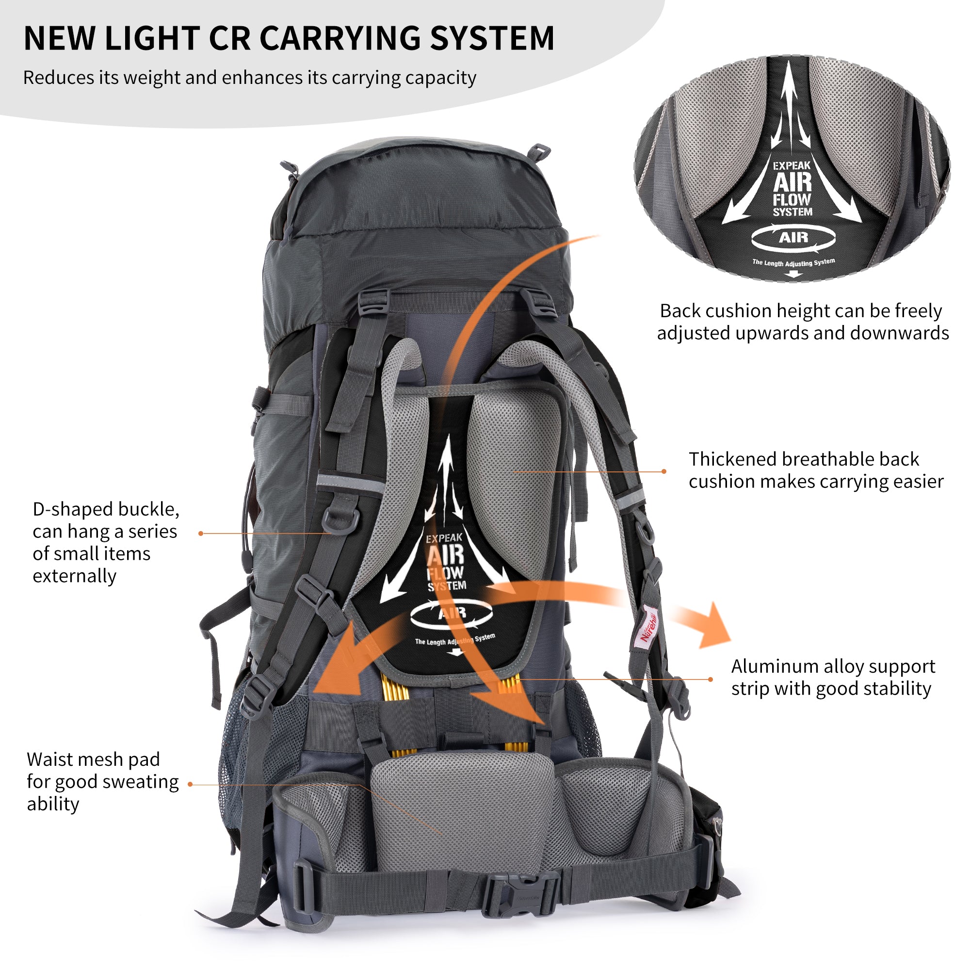 Naturehike 70+5L Sac à Dos Randonnée Gris 75L Housse Pluie