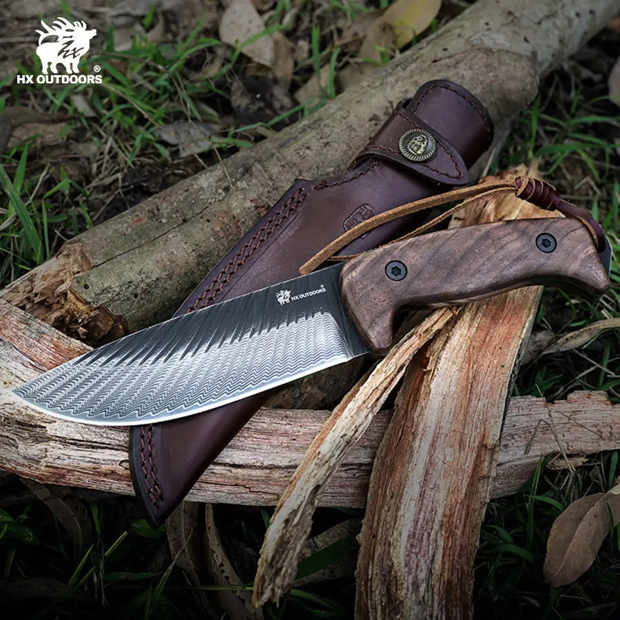 HX Junglord D-340 Couteau Fixe Noyer 142mm 366g Étui Cuir