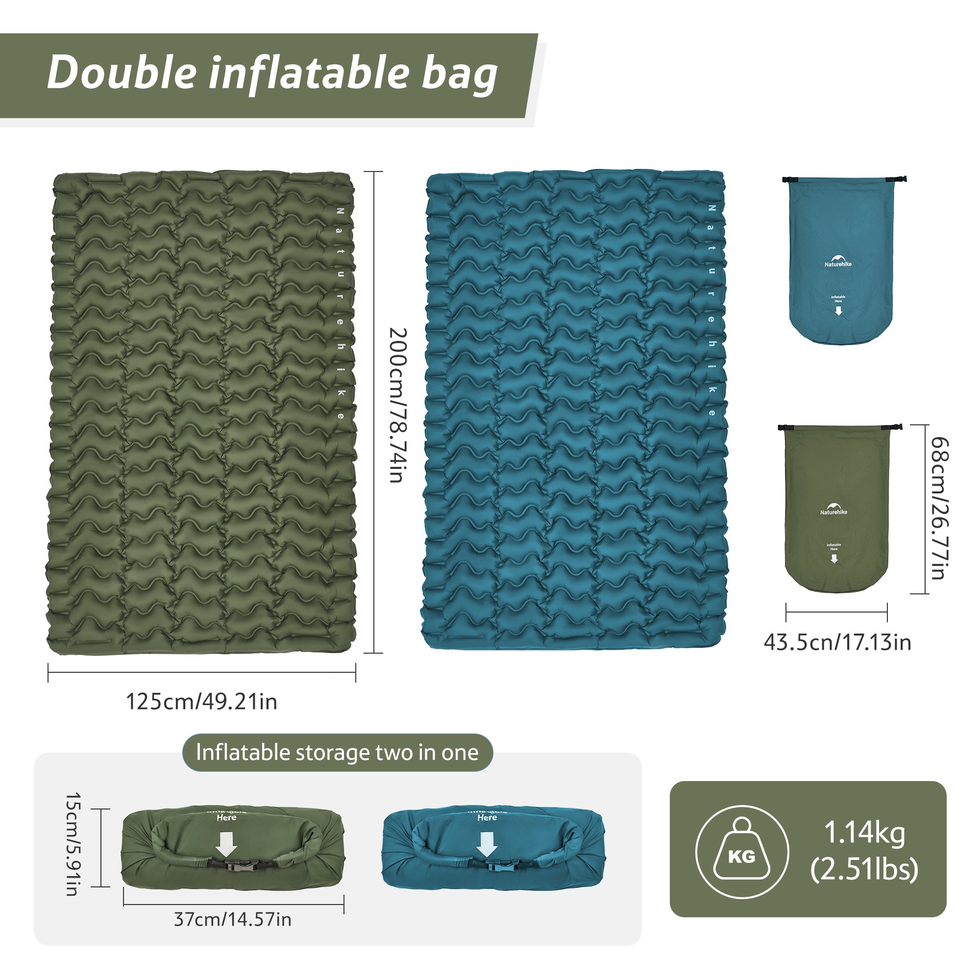 Naturehike FC01 Matelas Gonflable Double Bleu 6,5 cm
