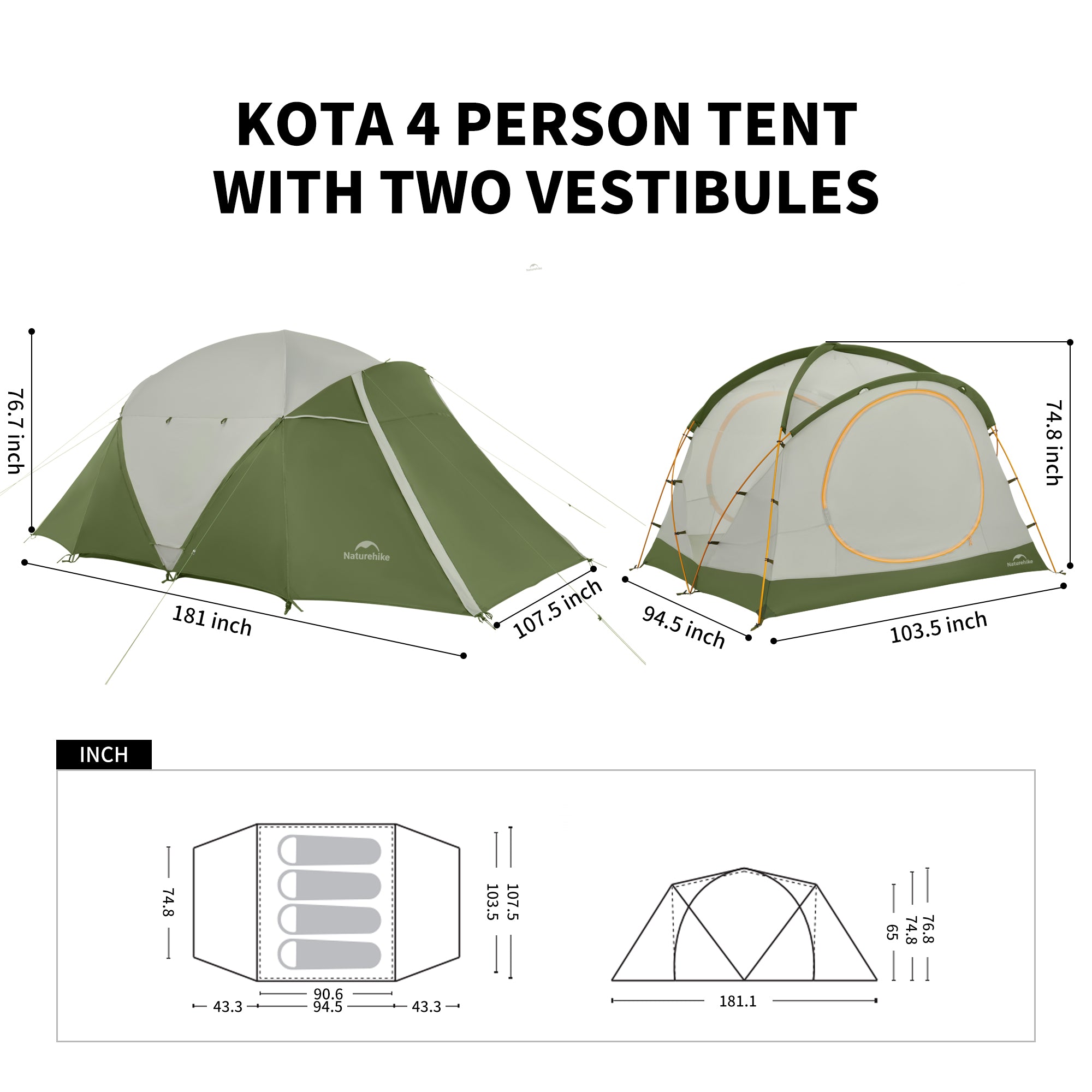 Naturehike KOTA tente camping 4 personnes 1 chambre