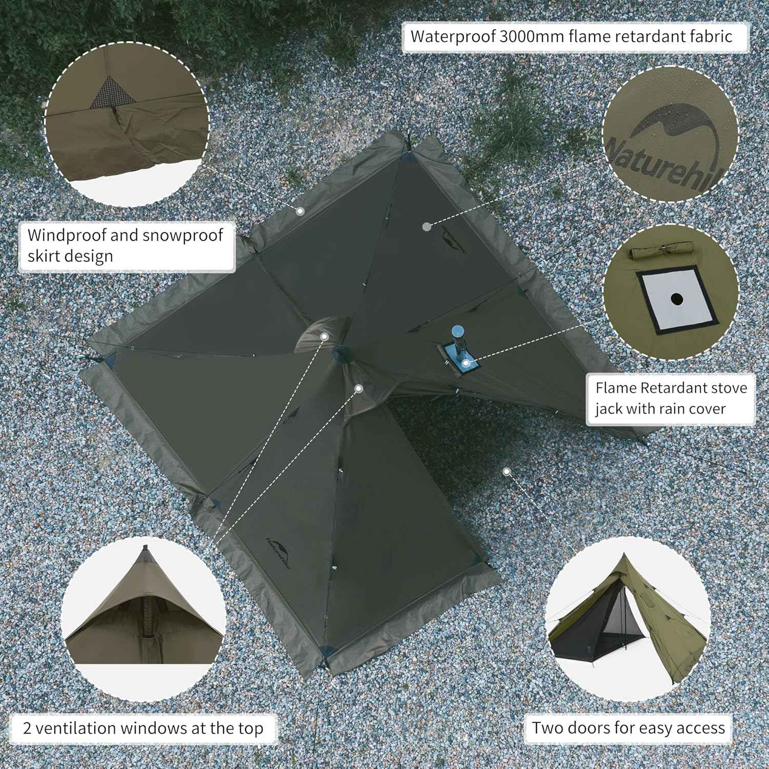 Naturehike Ranch Fire tente tipi 4 personnes vert poêle