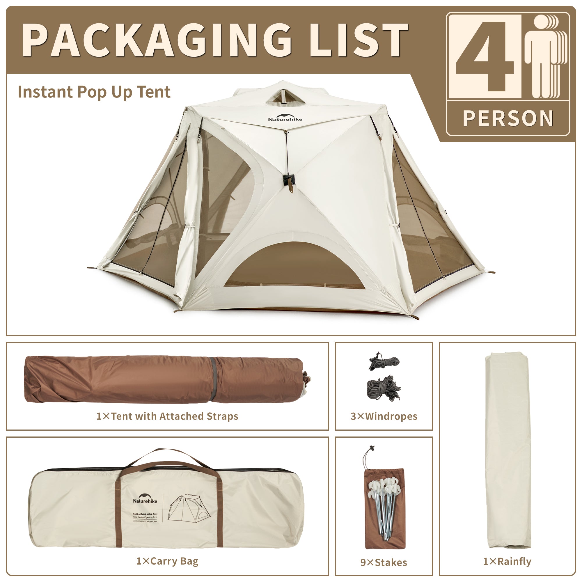 Naturehike Cubby tente instantanée 3 personnes beige UPF50+