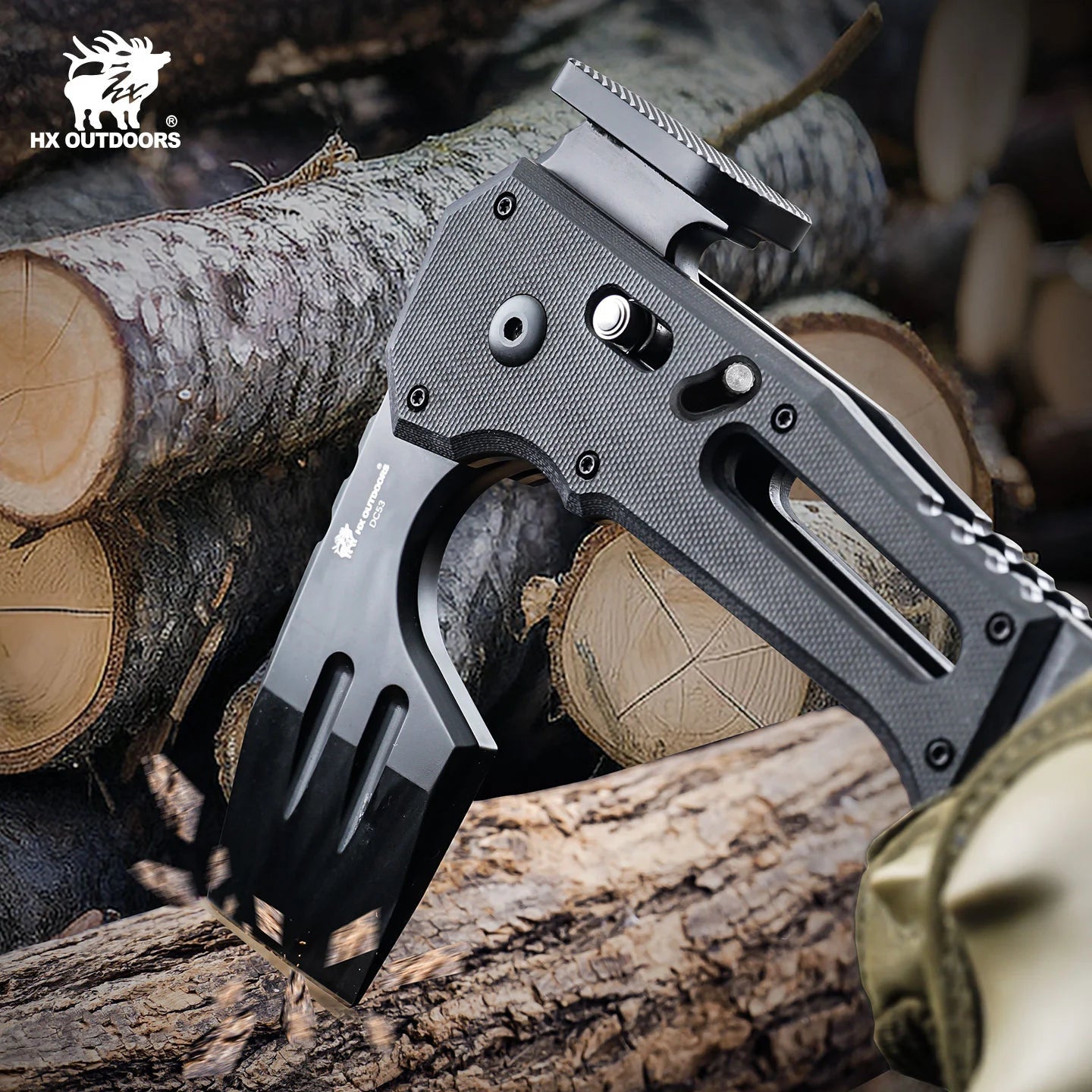 HX Camping Hatchet FALCILUX FT-19 hache pliante manche noir DC53