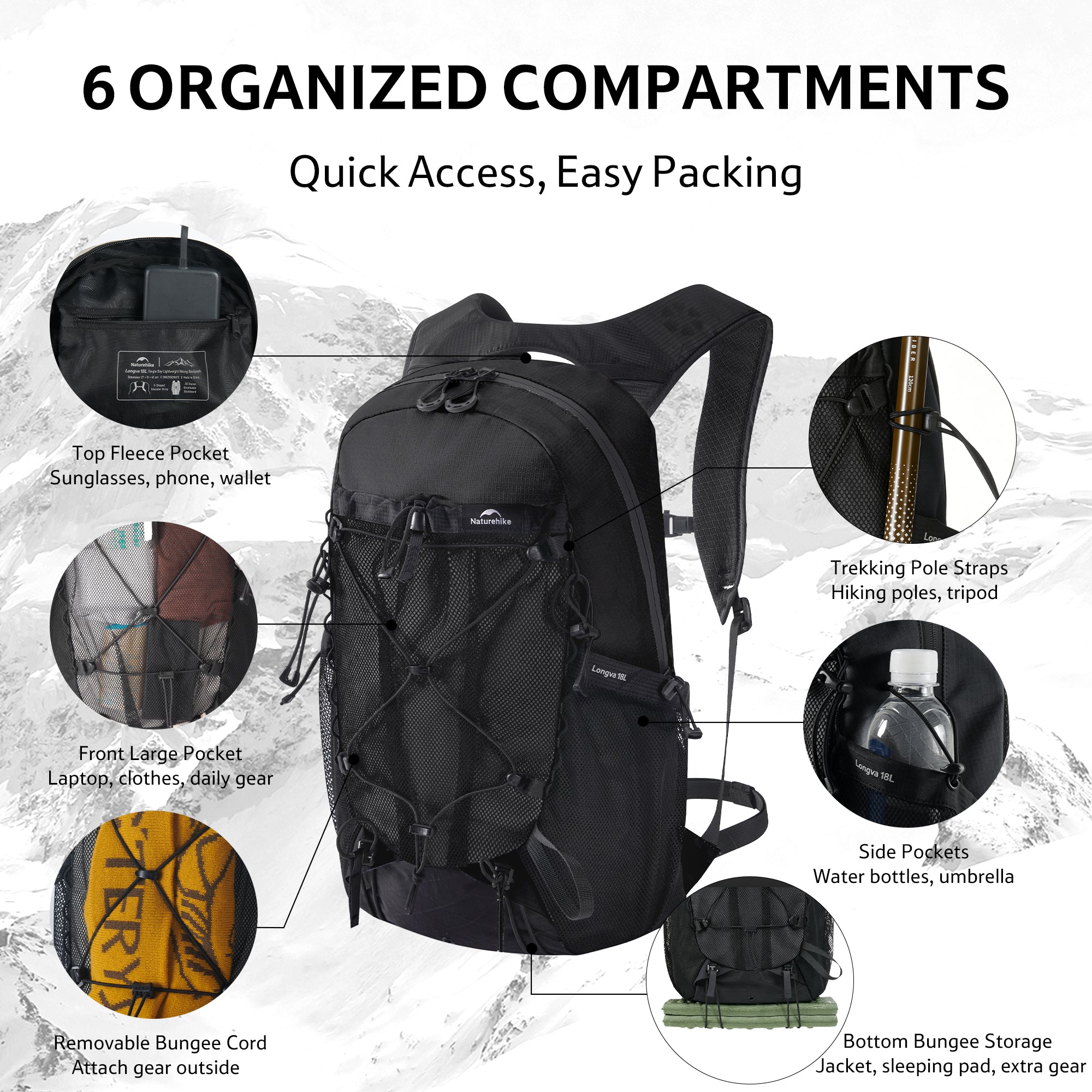 Naturehike Longwa sac à dos randonnée 18 L Noir