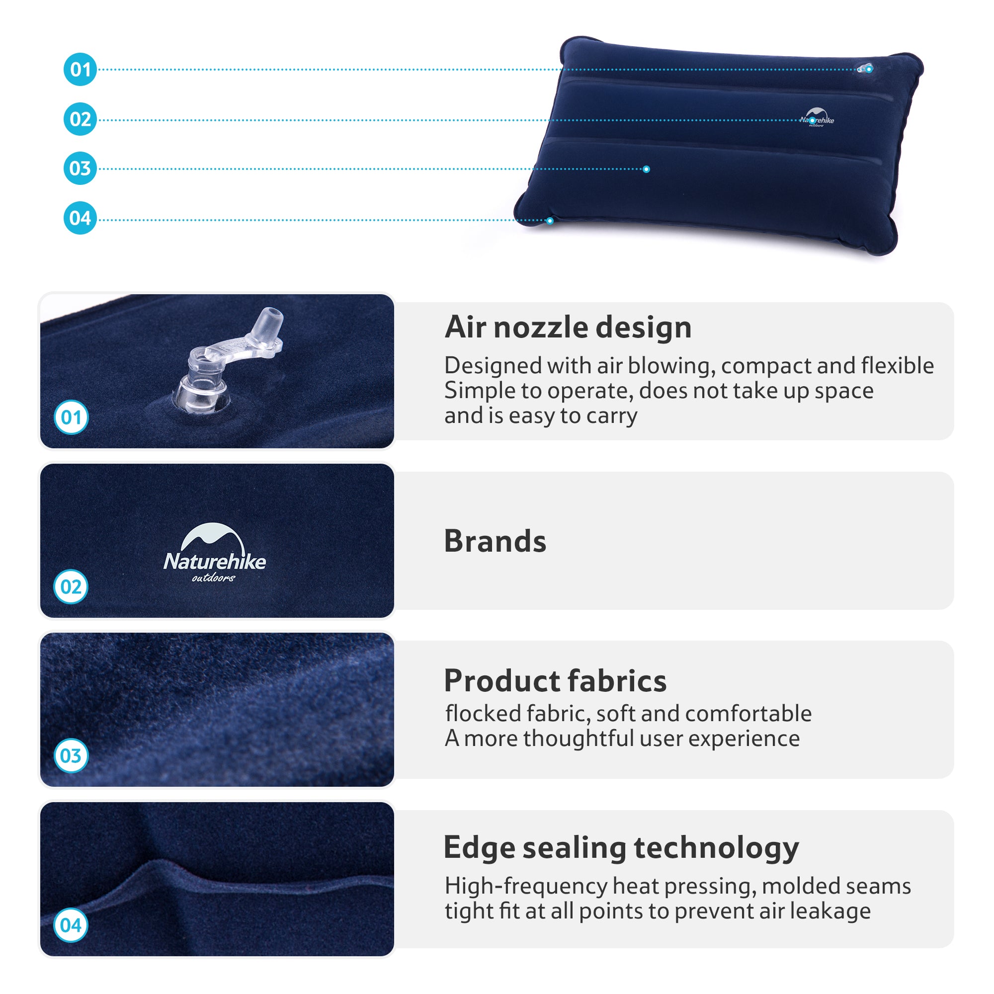 Naturehike oreiller gonflable carré bleu 90 g poche