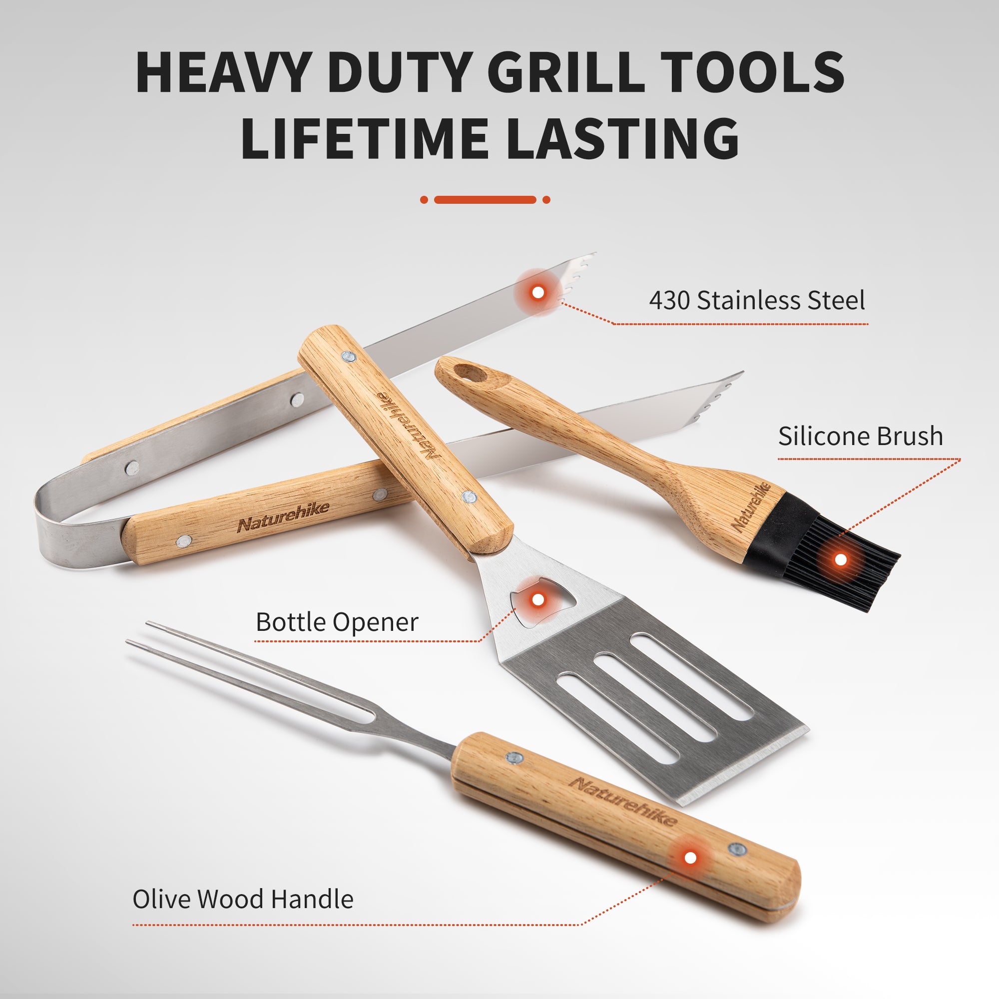 Naturehike kit barbecue 4 pièces inox manche olivier 39 cm