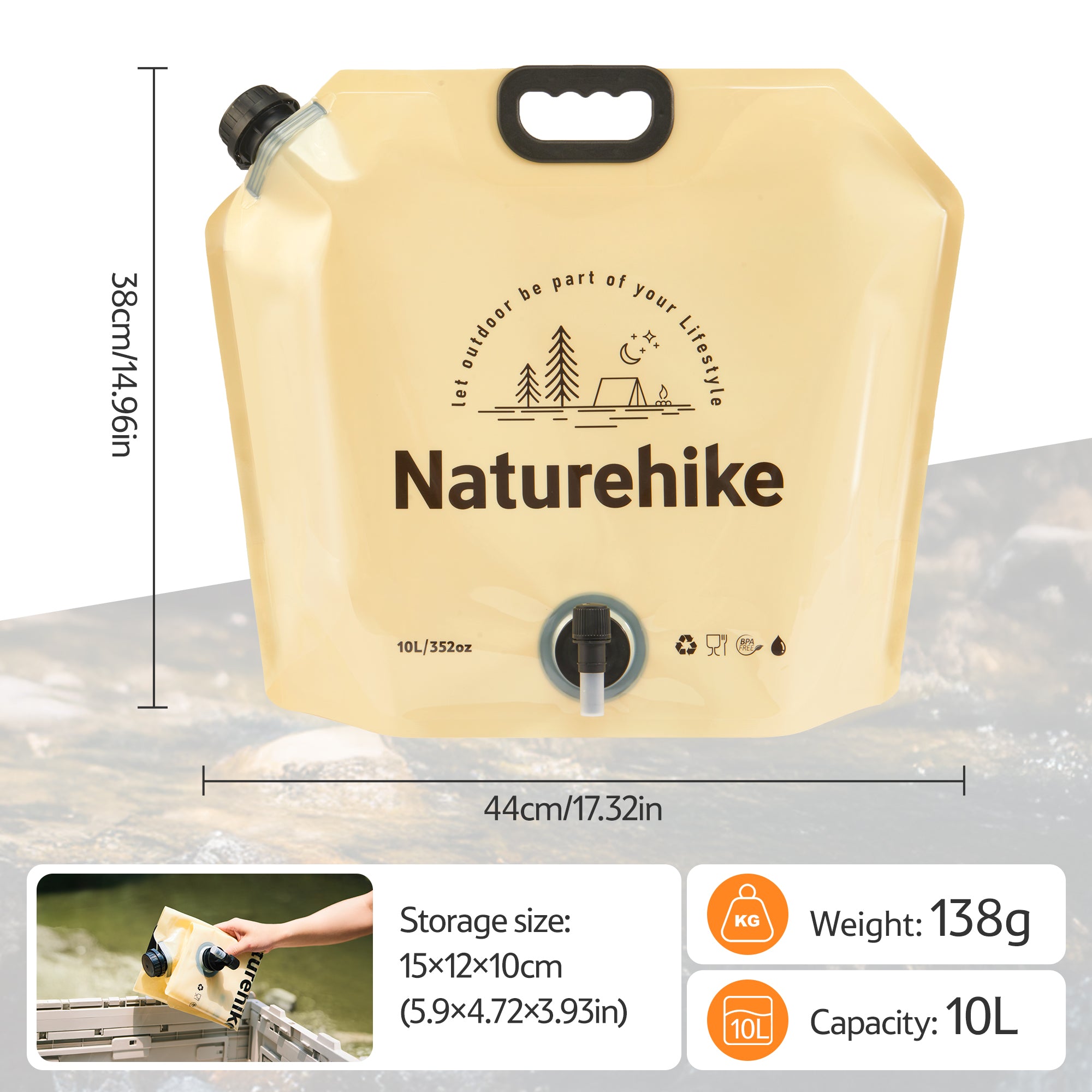 Naturehike sac eau pliable 10L robinet jaune alimentaire