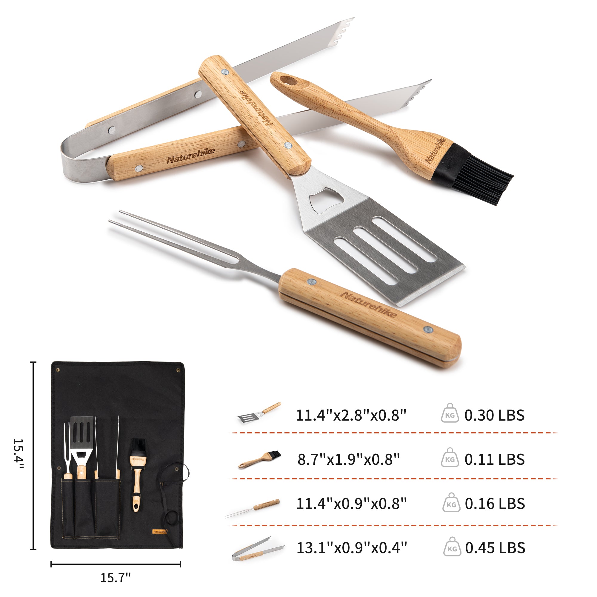 Naturehike kit barbecue 4 pièces inox manche olivier 39 cm