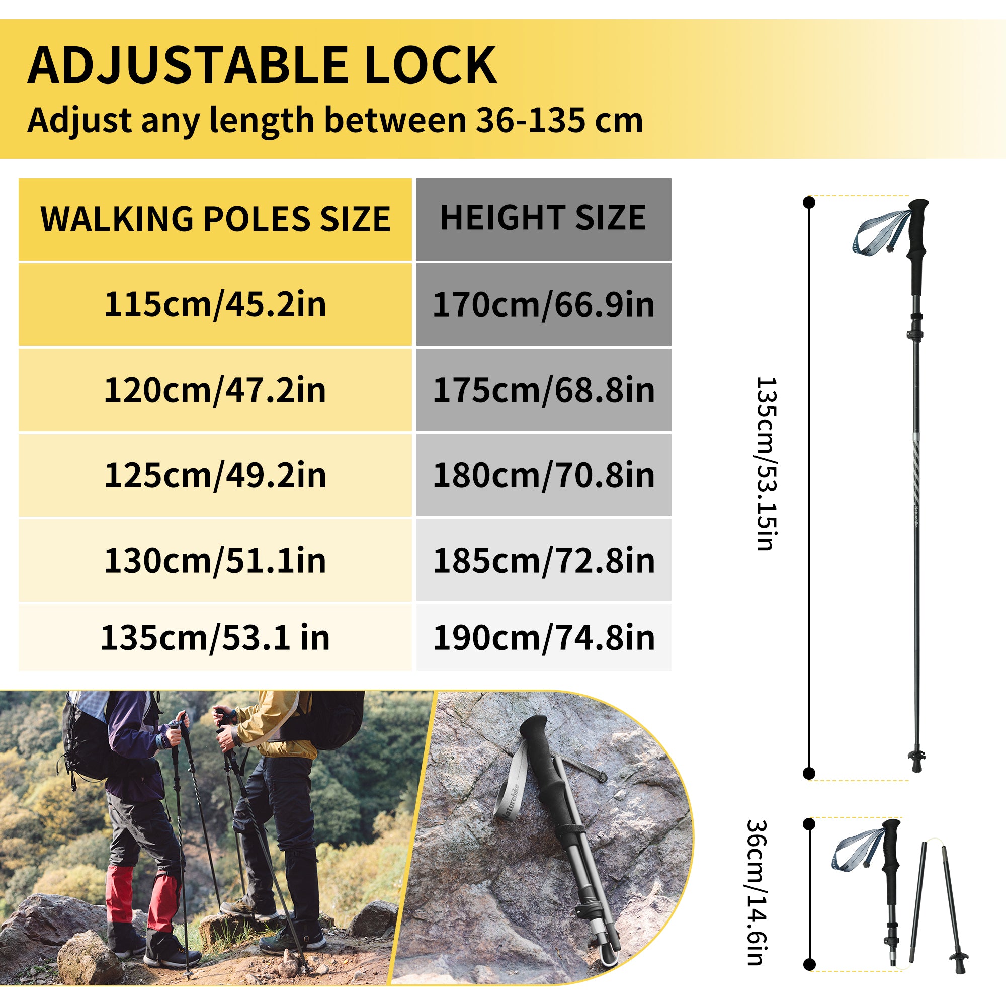 Naturehike Gale Terk PRO bâtons trekking 115-135 cm noir x2