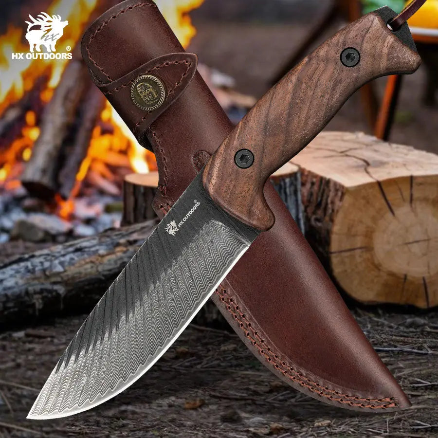 HX Junglord D-340 Couteau Fixe Noyer 142mm 366g Étui Cuir