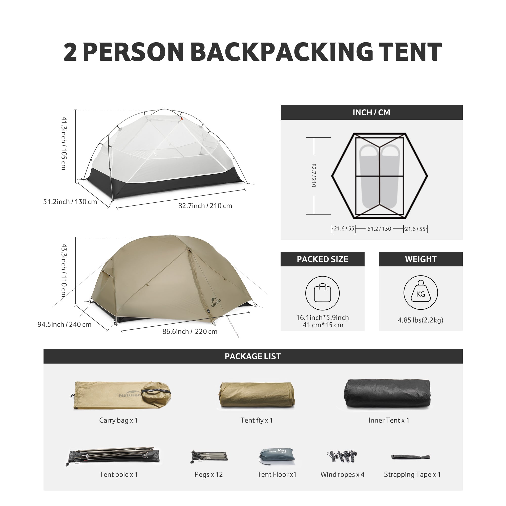 Naturehike Mongar tente rando 2 personnes grise 1,66 kg