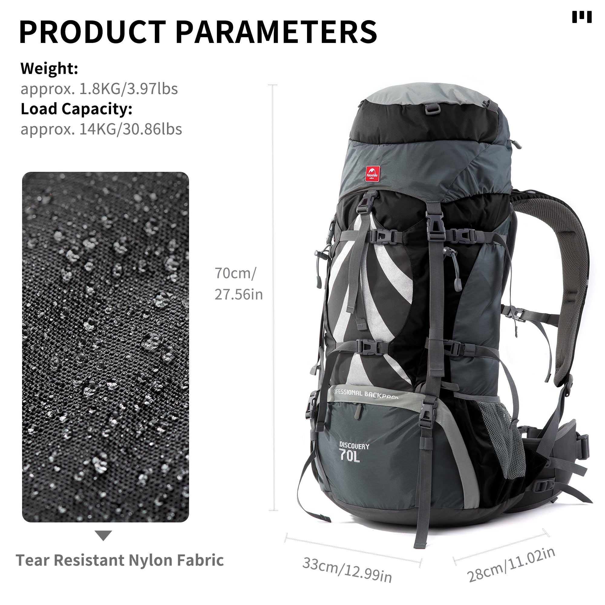 Naturehike 70+5L Sac à Dos Randonnée Gris 75L Housse Pluie