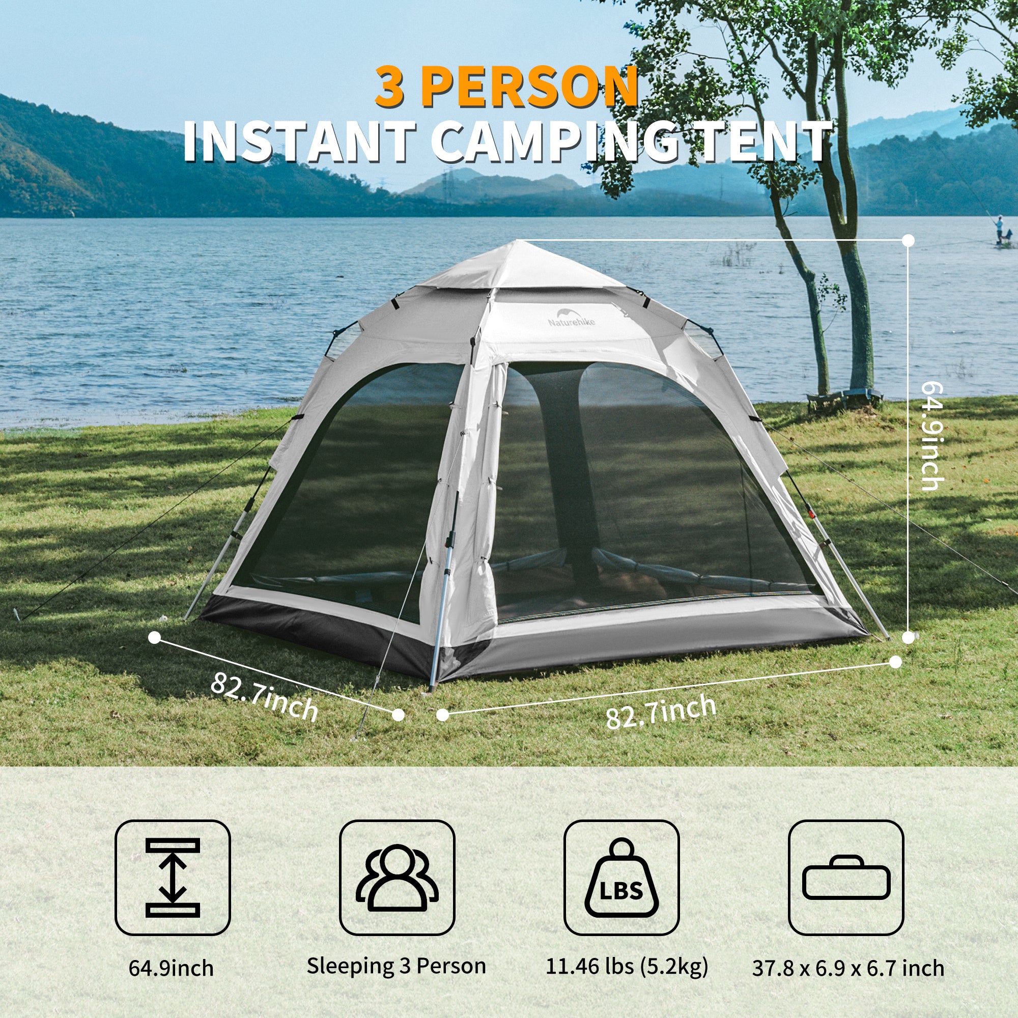 Naturehike Ango tente camping instantanée 3-4 pers auvent 9 m²